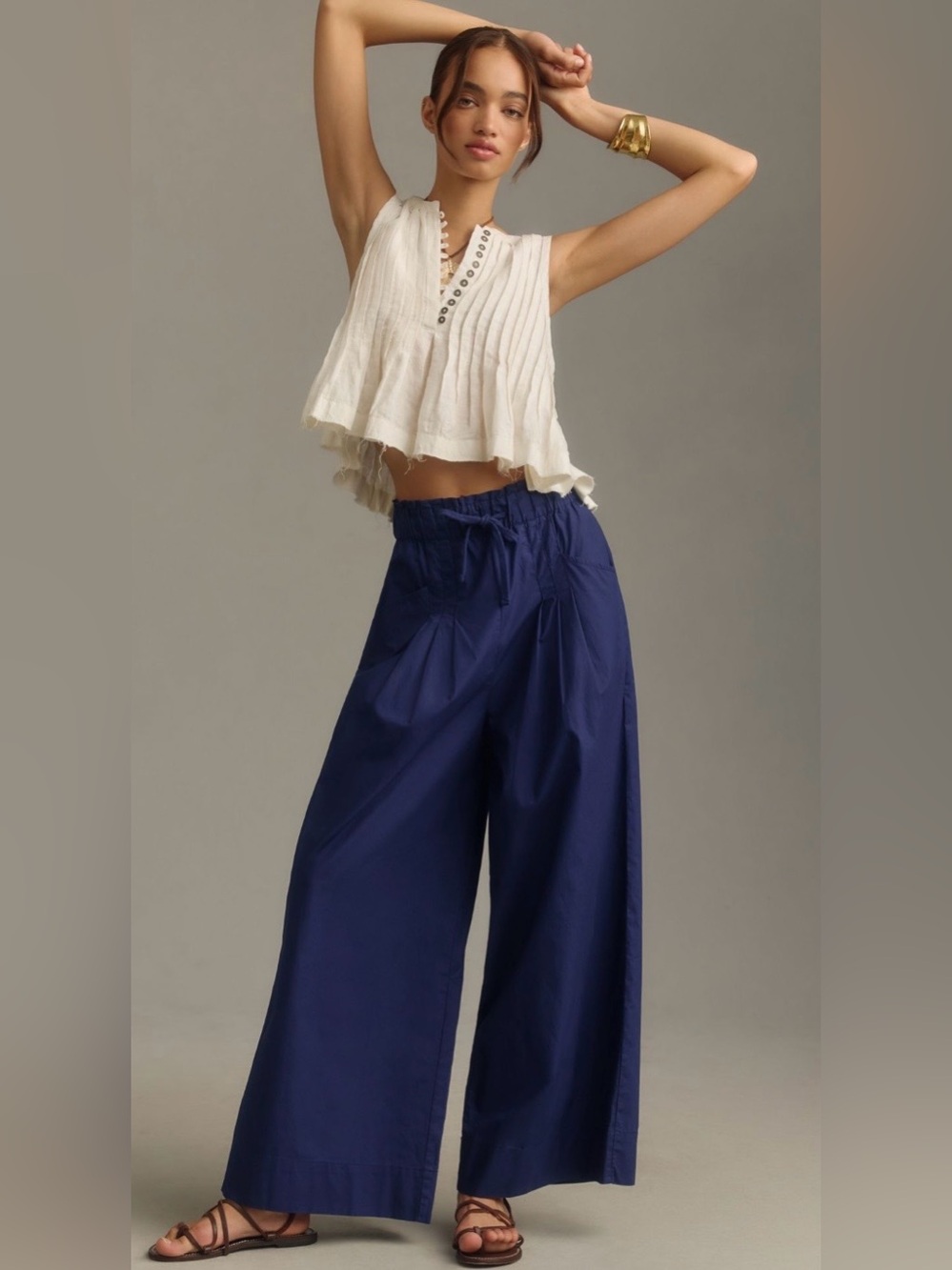 Anthropologie Maeve Navy Wide-Leg Drawstring Pants S tall
